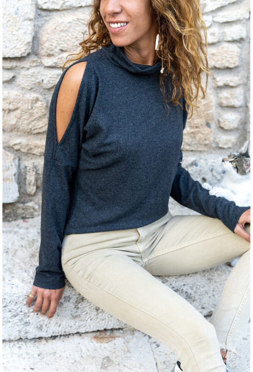 Womens Anthracite Off Shoulder Half Fisherman Soft Textured Sweater GK-BST1420