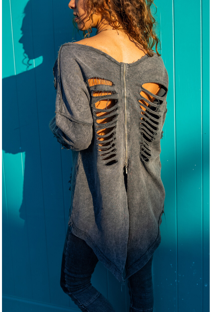 Womens Anthracite Washed Back Zippered Ripped Printed Sweatshirt GK-RSD2017