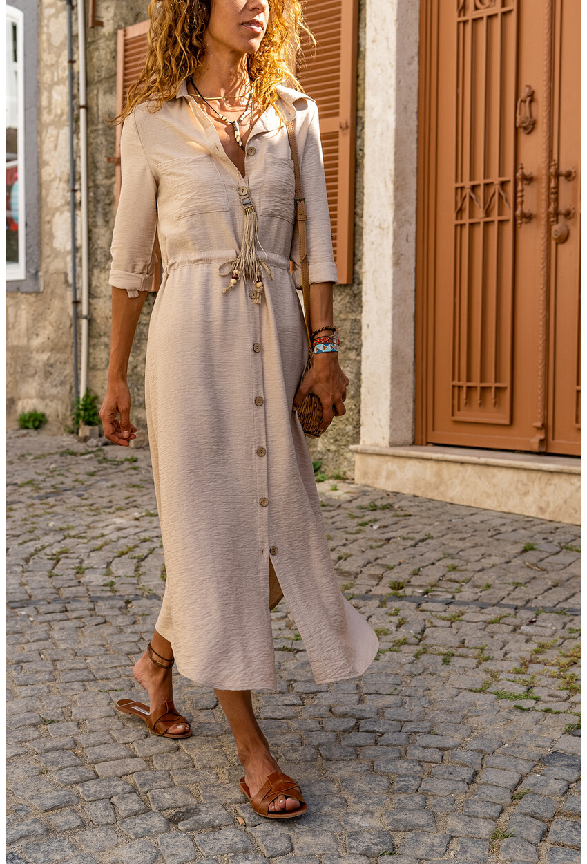 Womens Beige Linen Waist Pleated Straw Belt Shirt Dress BST2837