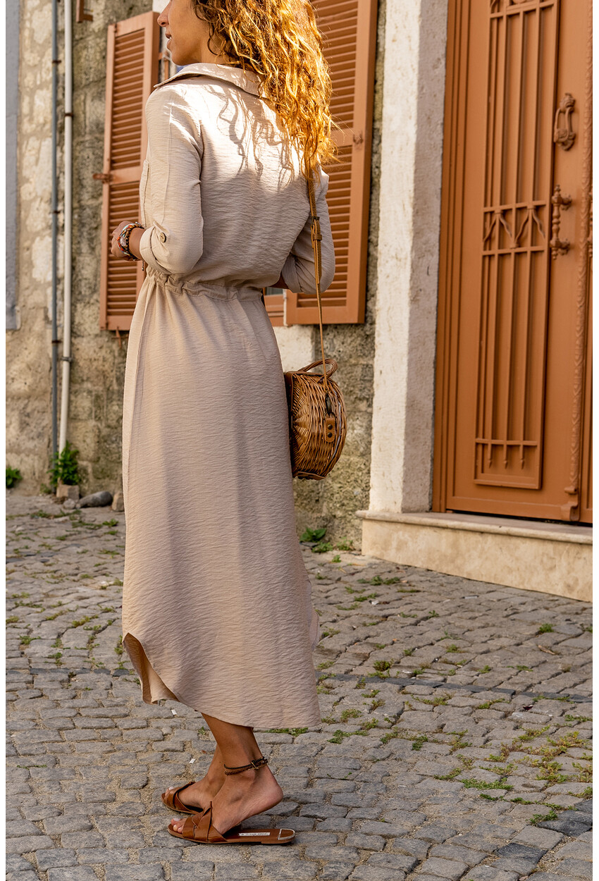 Womens Beige Linen Waist Pleated Straw Belt Shirt Dress BST2837
