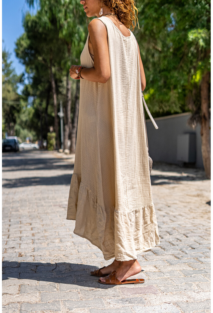 Womens Beige Washed Linen Skirt Ruffled Sleeveless Loose Dress RSD2069