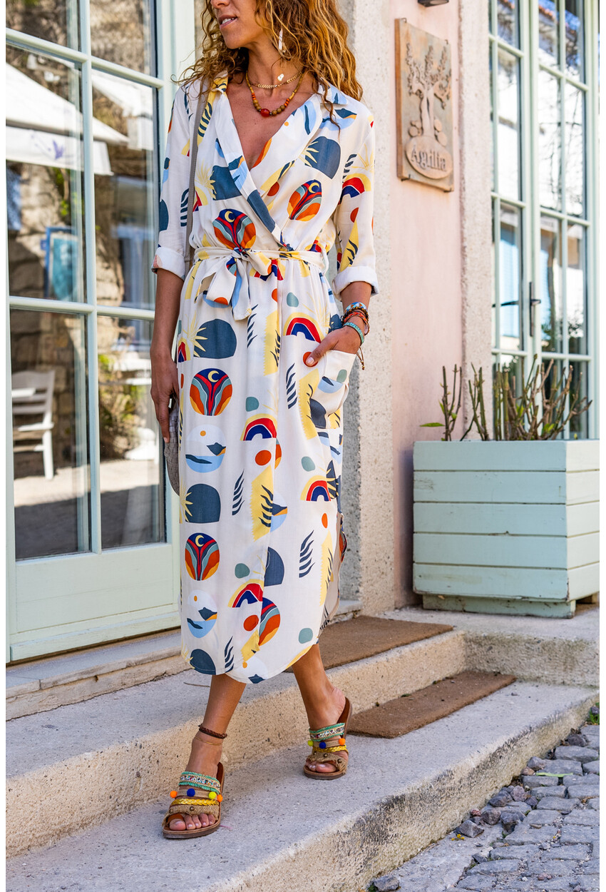 Kadın Beyaz Desenli Ceket Yaka Kruvaze Beli Büzgülü Kemerli Cepli Uzun Elbise GK-TDURM107