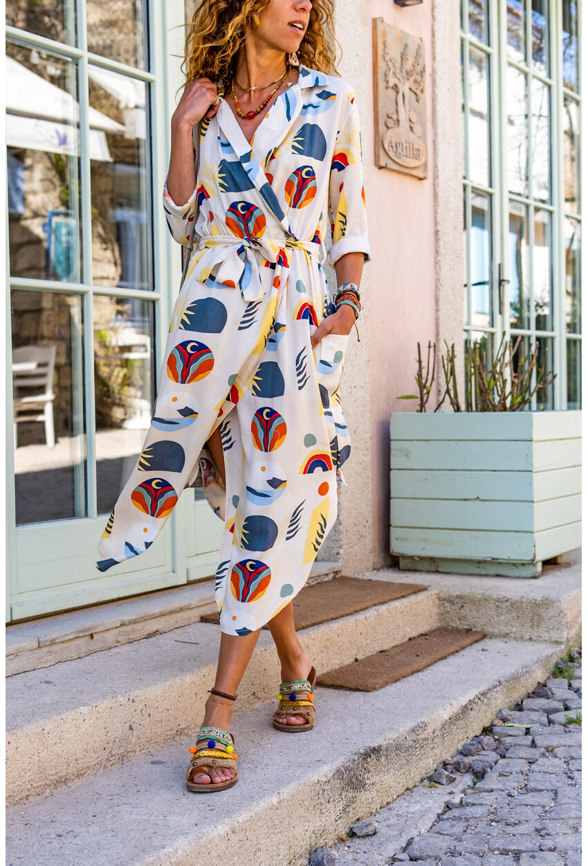 Kadın Beyaz Desenli Ceket Yaka Kruvaze Beli Büzgülü Kemerli Cepli Uzun Elbise GK-TDURM107