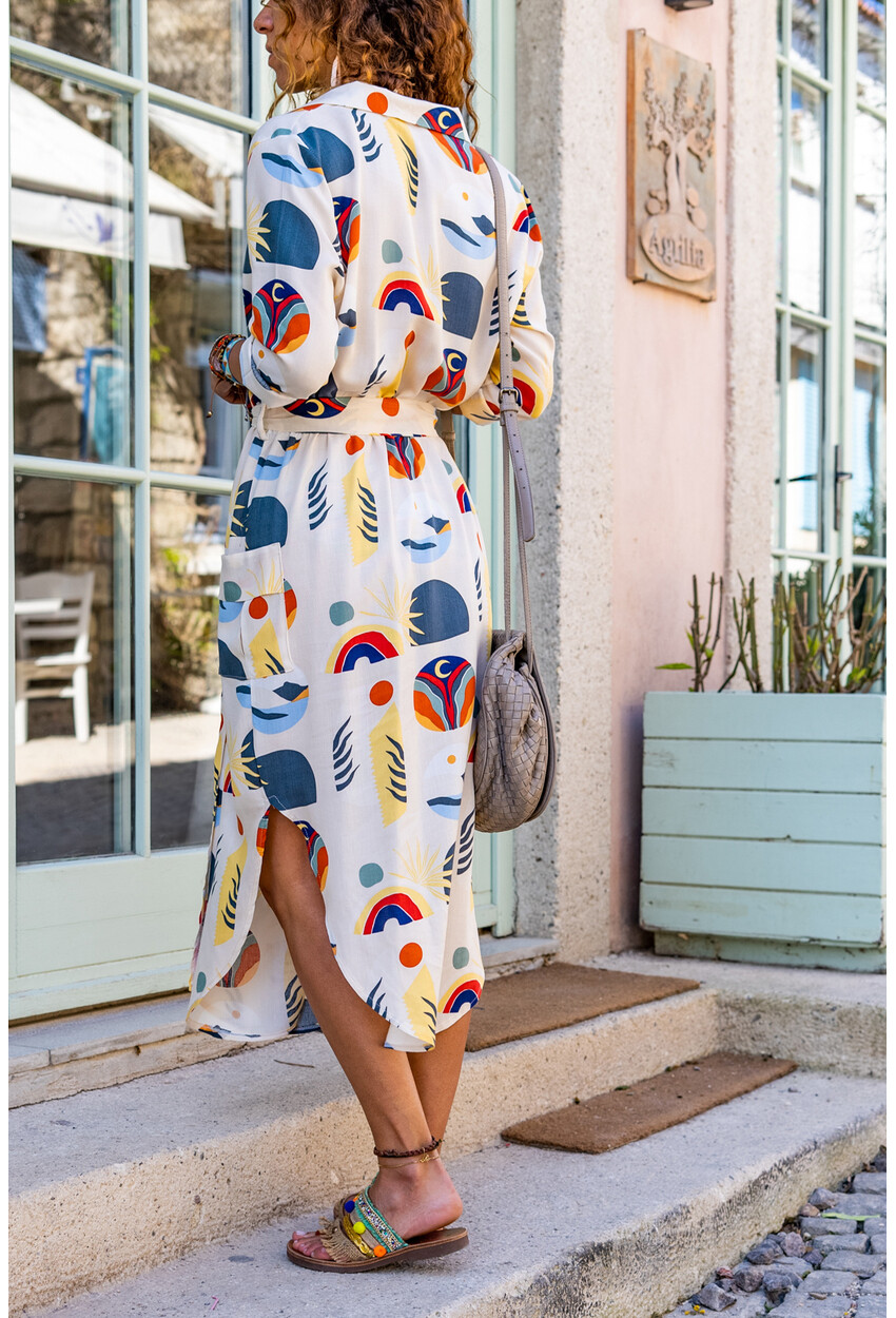 Kadın Beyaz Desenli Ceket Yaka Kruvaze Beli Büzgülü Kemerli Cepli Uzun Elbise GK-TDURM107