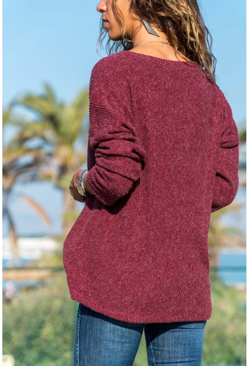 Womens Claret Red Collar Buttoned Basic Loose Sweater Gk-CCKVES115