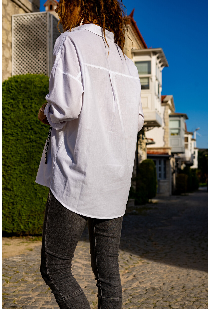 Womens Ecru Embroidered Poplin Shirt with Loose Accessories GK-AYN1818