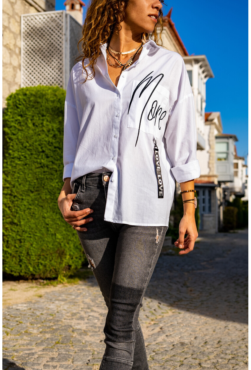 Womens Ecru Embroidered Poplin Shirt with Loose Accessories GK-AYN1818