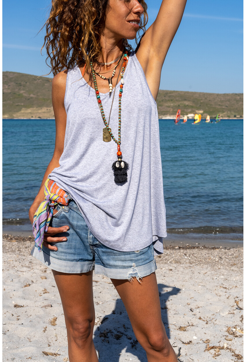Kadın Gri V Yaka Kolsuz A Kesim Basic T-Shirt JR401
