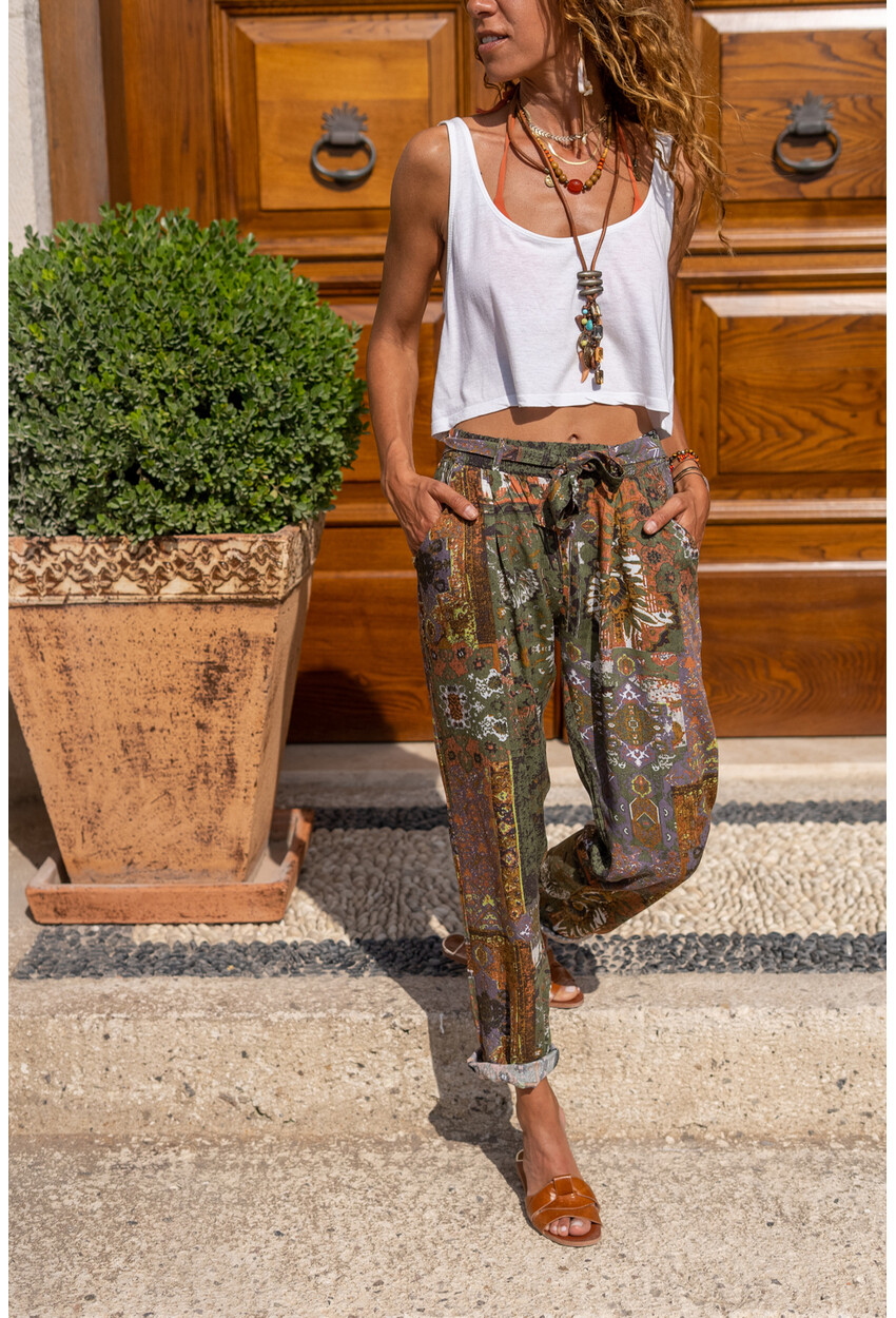 Womens Khaki Ethnic Pattern Slim Leg Self Belt Trousers CCKCC5005