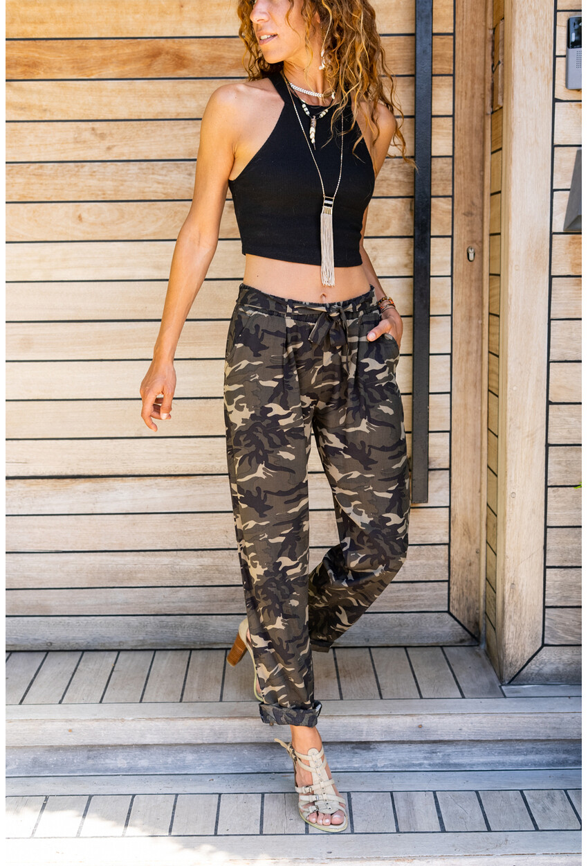 Womens Khaki Camouflage Pattern Slim Leg Self Belt Trousers CCKCC4008