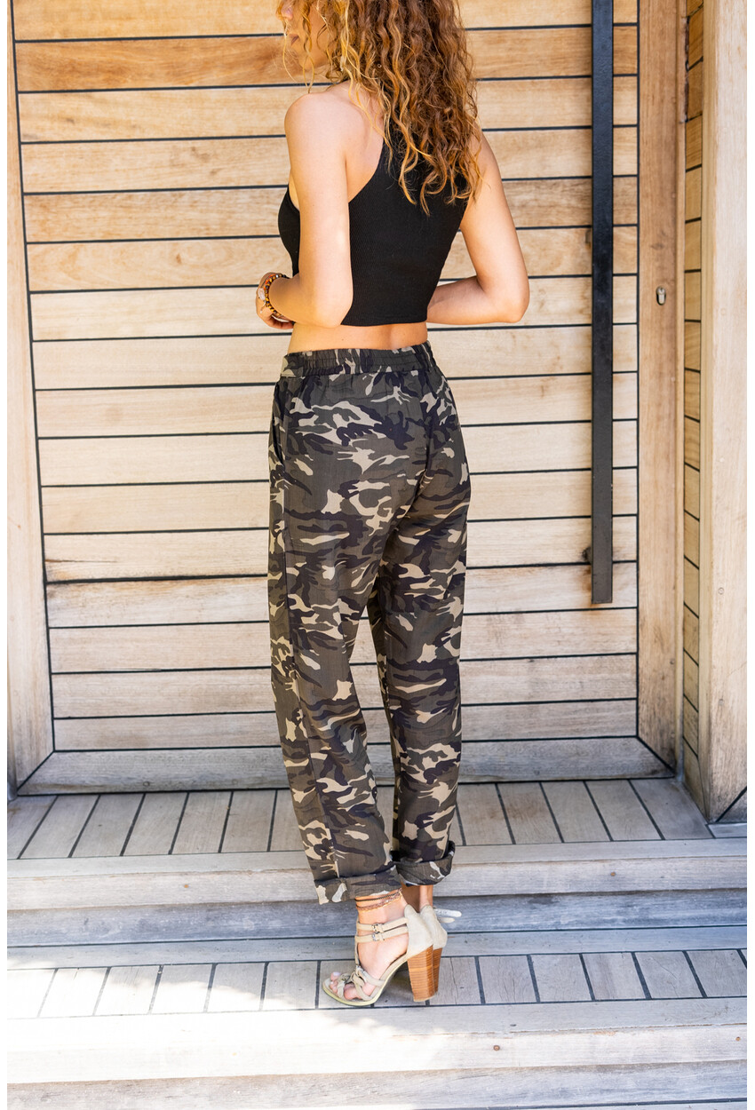 Womens Khaki Camouflage Pattern Slim Leg Self Belt Trousers CCKCC4008