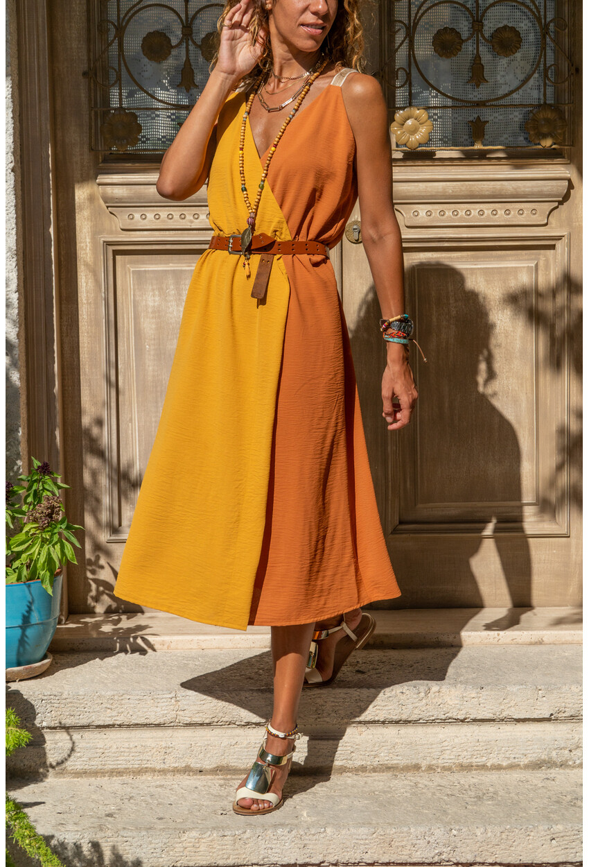 Womens Mustard-Tain Straw Strap Double Breasted Color Block Airobin Dress BST2922