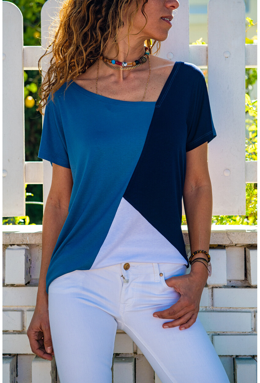 İndigo Color Block Salaş T-Shirt GK-JR402