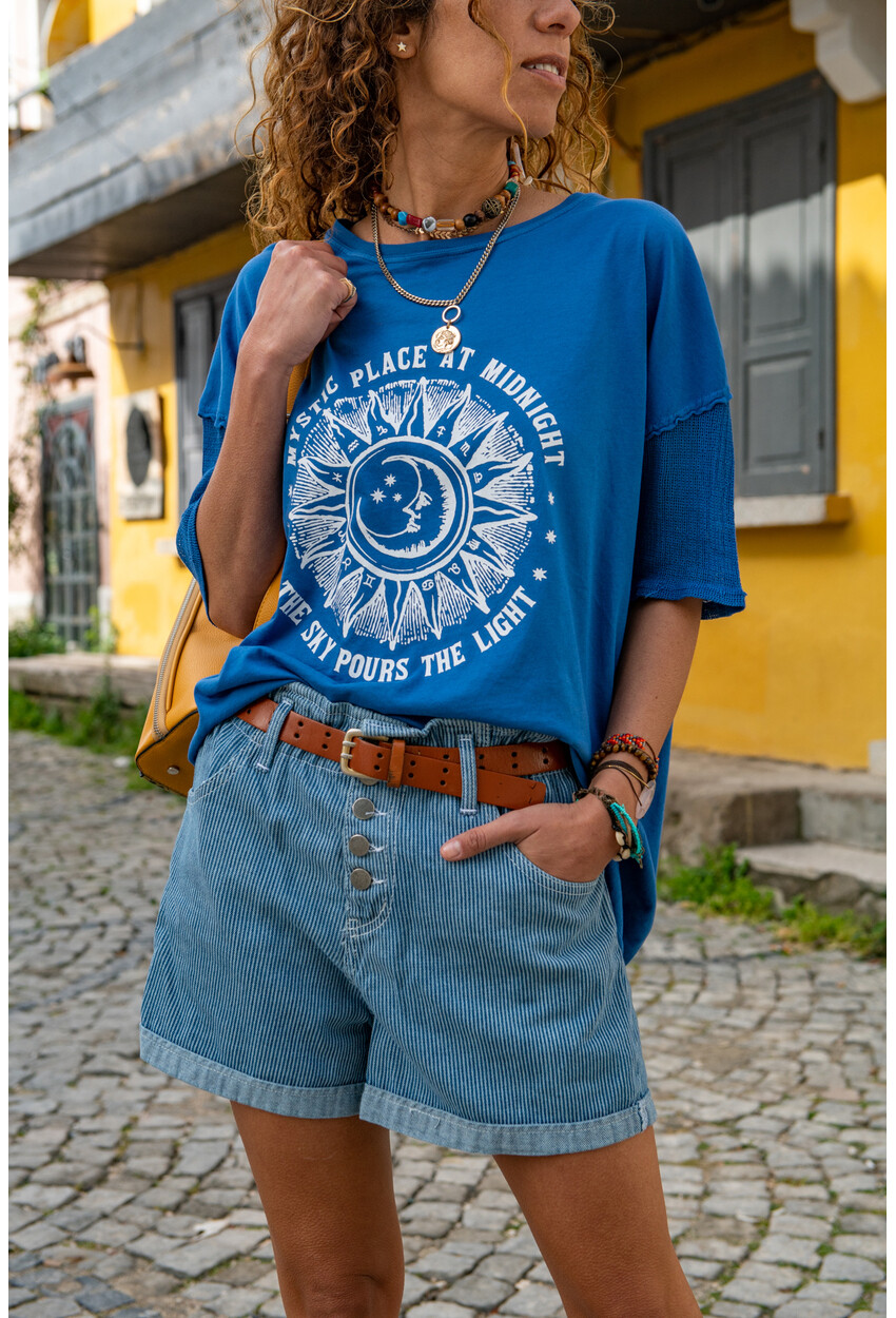Kadın İndigo Yıkamalı Kolu Fileli Baskılı Salaş T-Shirt GK-RSD2045