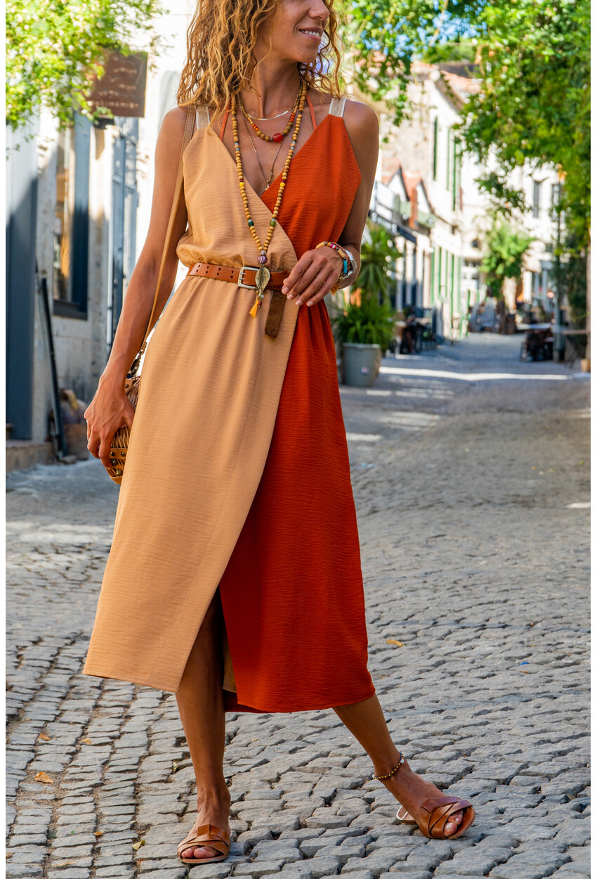 Womens Tile-Beige Straw Strap Double Breasted Color Block Airobin Dress BST2922