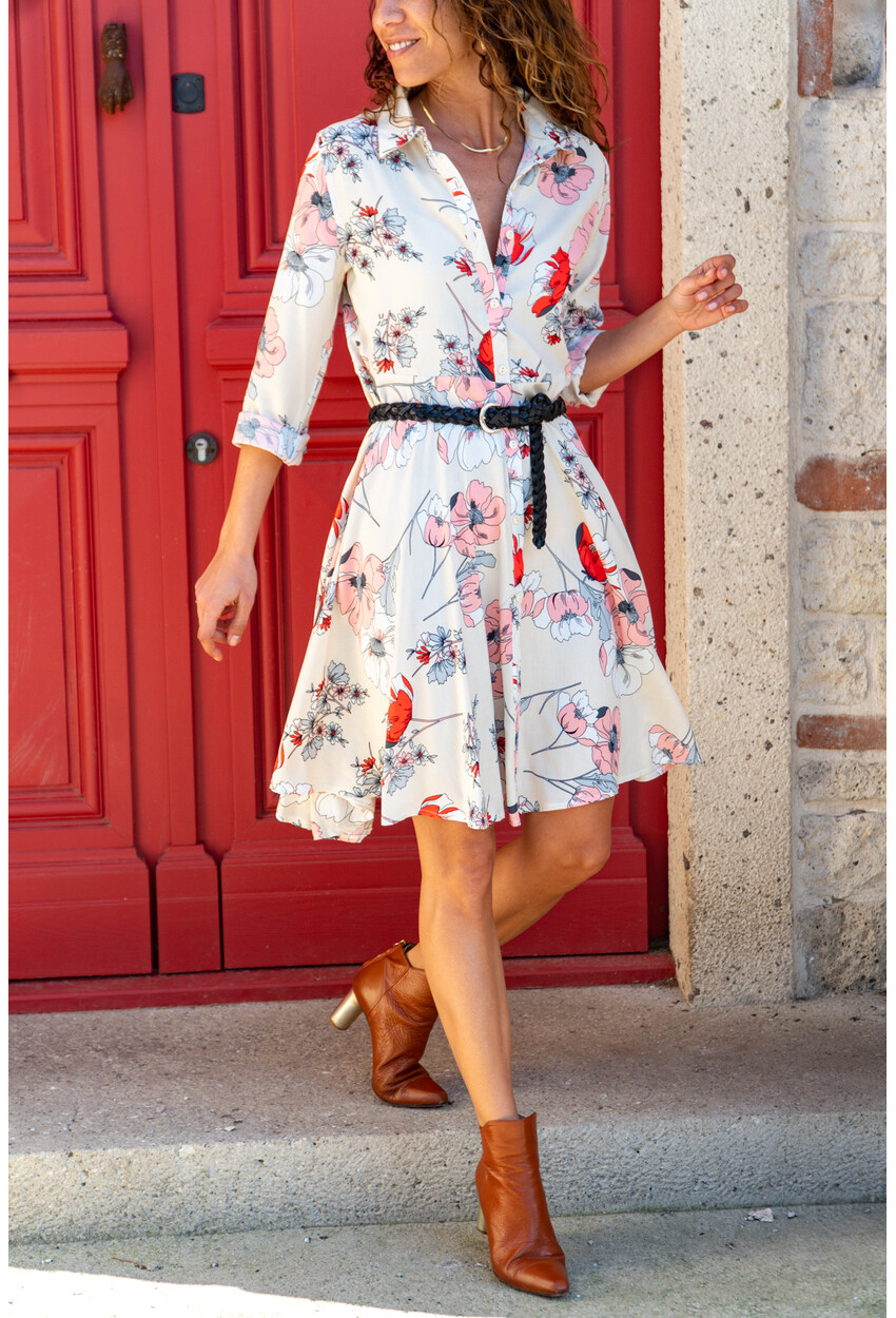Womens Cream Floral Flared Shirt Dress BST2164-2