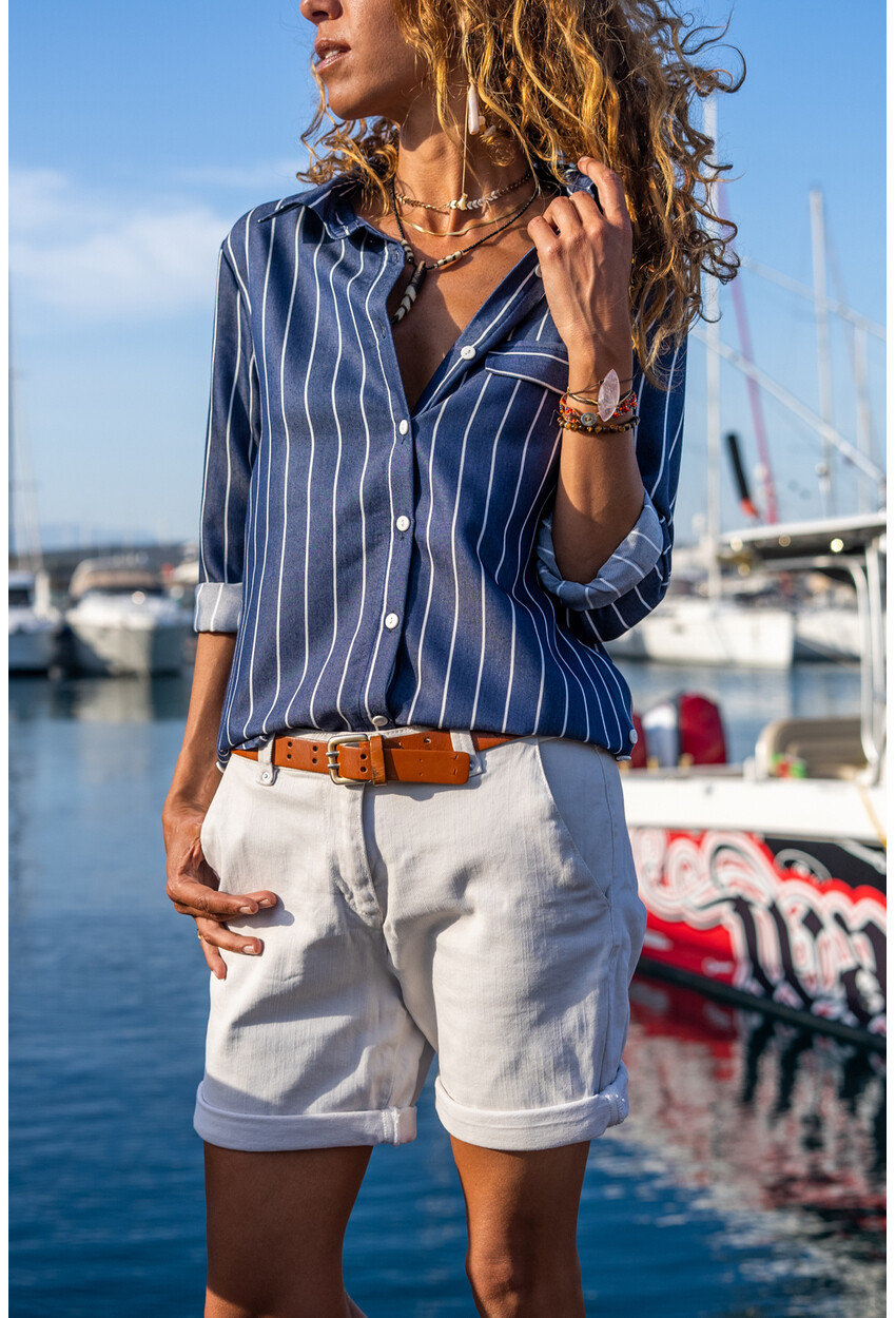 Kadın Lacivert-Beyaz Çizgili Salaş Gömlek BST51306