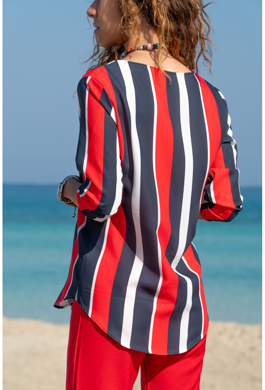 Womens Navy Blue-Red Collar Slit Striped Crepe Blouse GK-BST2841