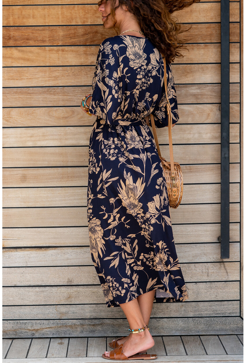 Womens Navy Blue V-Neck Pleated Waist Dress GK-TD411