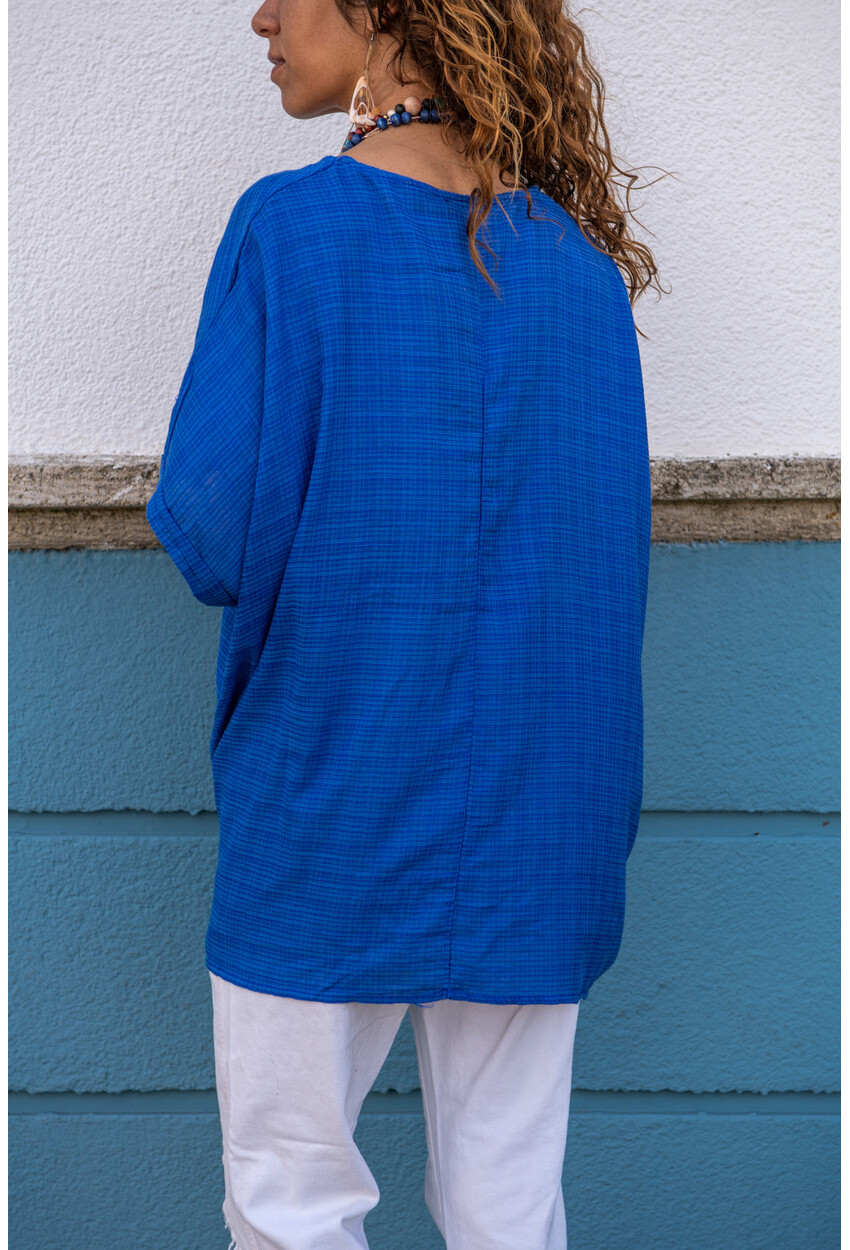 Womens Blue Washed Linen Skirt Feather Printed Loose Blouse GK-RSD2035