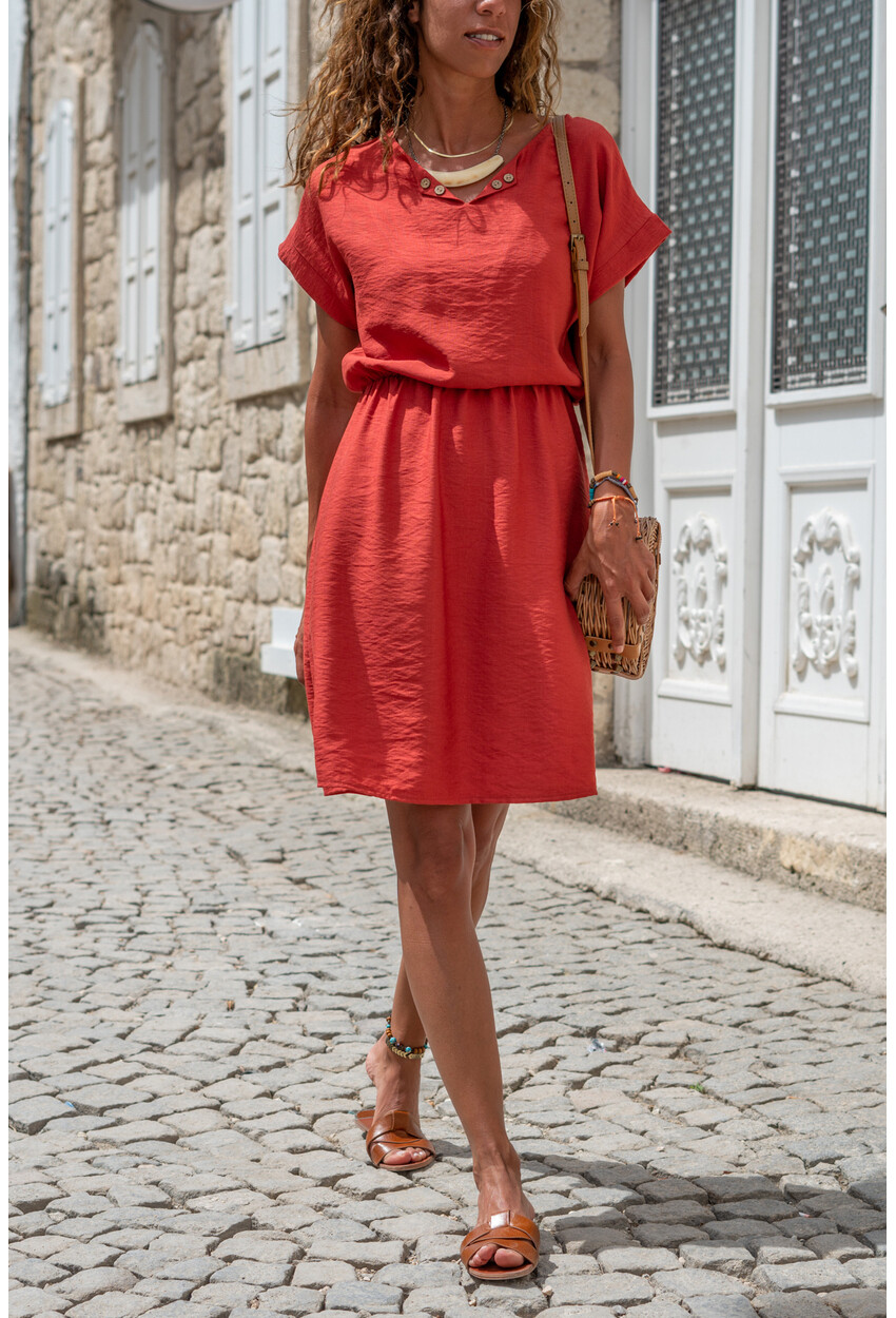 Womens Coral Waist Pleated Collar Slit Linen Dress GK-BST2874