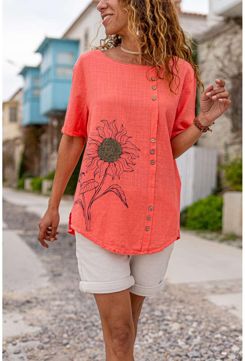 Womens Pink Washed Linen Daisy Printed Button Detailed Loose Blouse GK-RSD2057