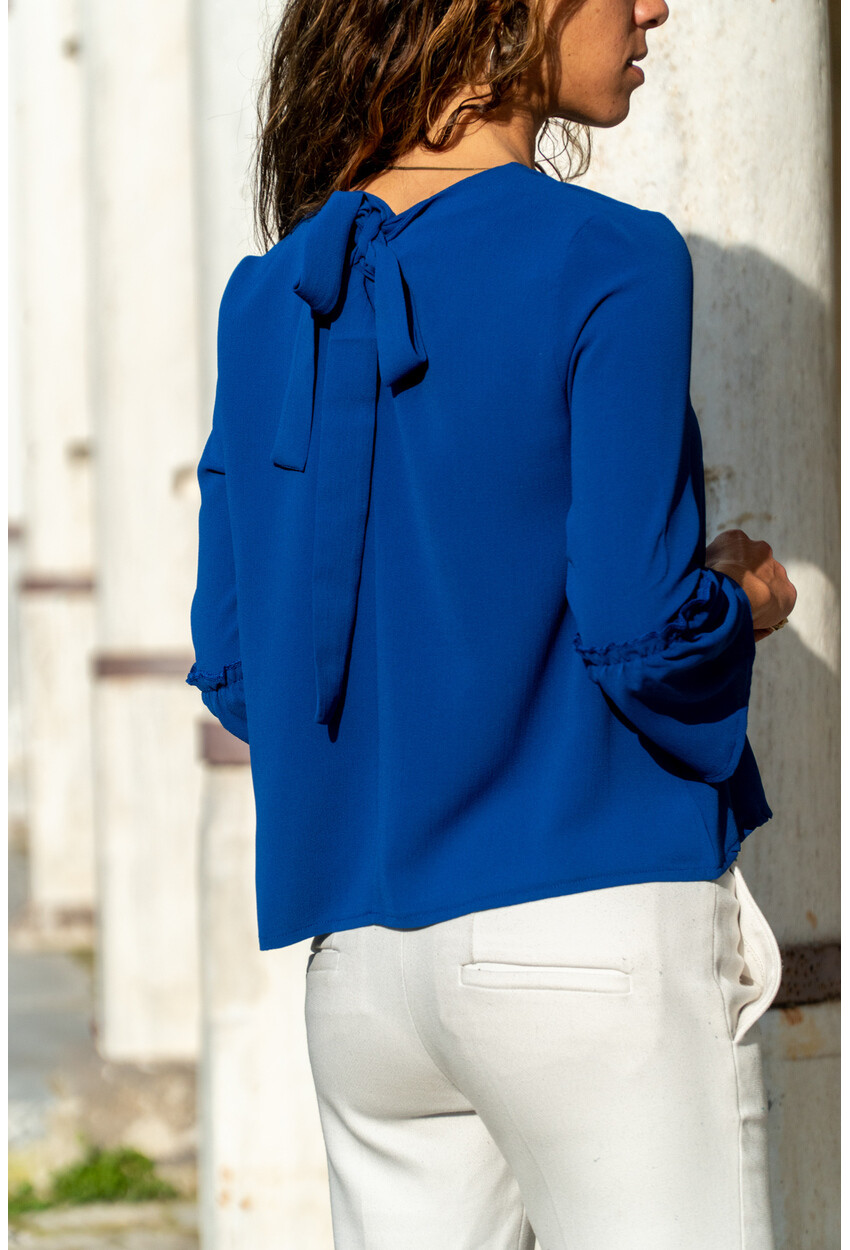 Womens Sax Neck Lace-Up Crepe Blouse BST2149