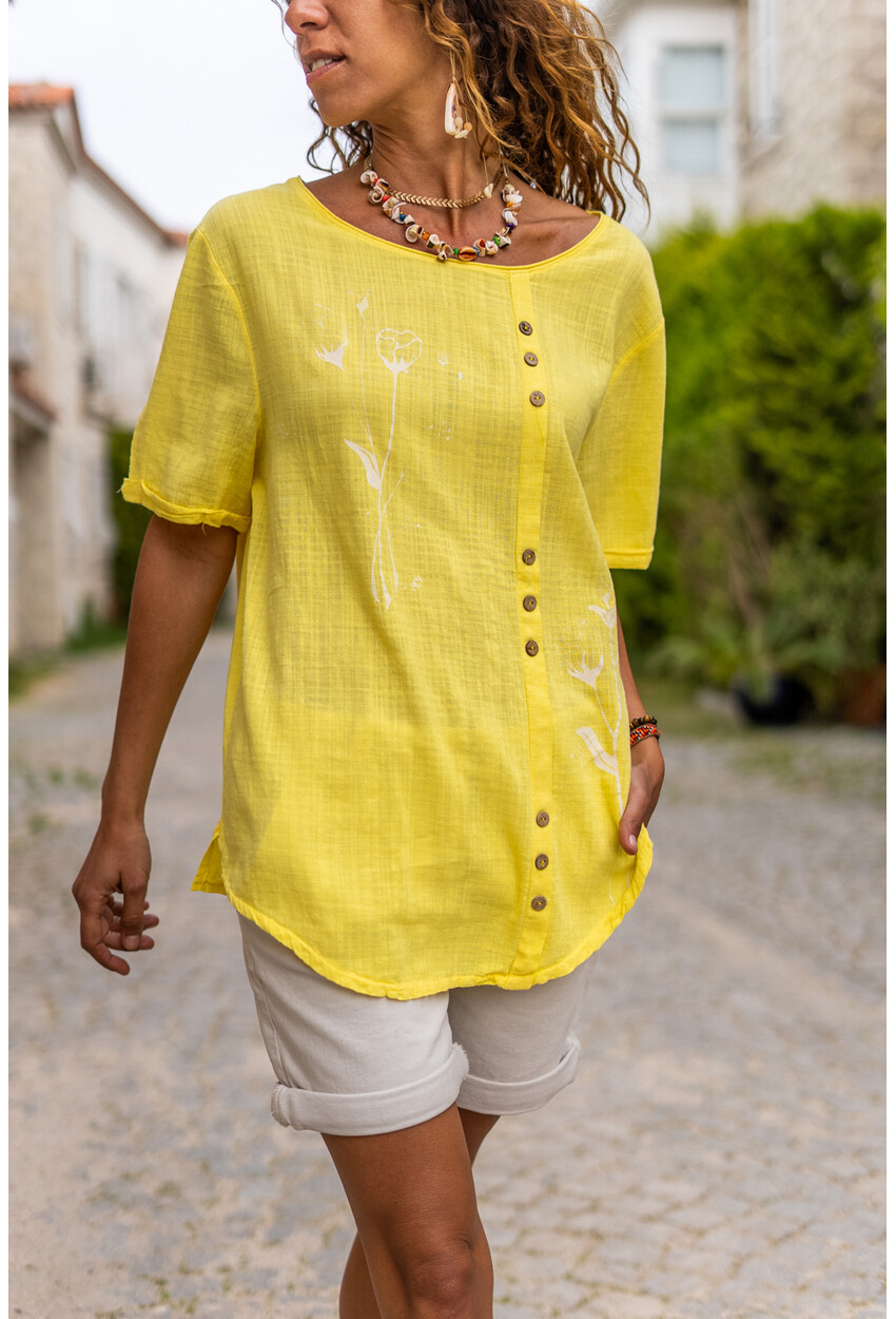 Womens Yellow Washed Linen Tulip Printed Button Detailed Loose Blouse GK-RSD2060