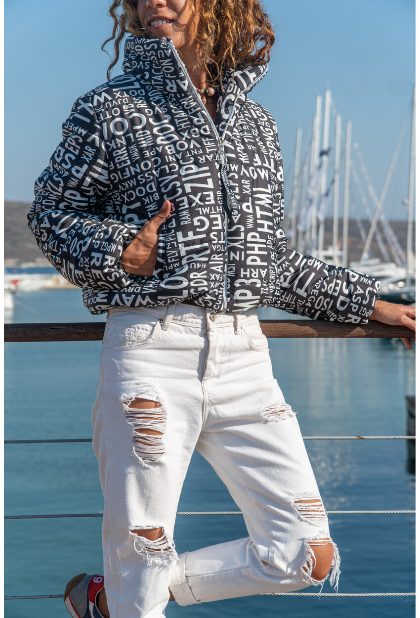 Kadın Siyah-Beyaz Cepli Oversize Kısa Şişme Mont GK-GG352