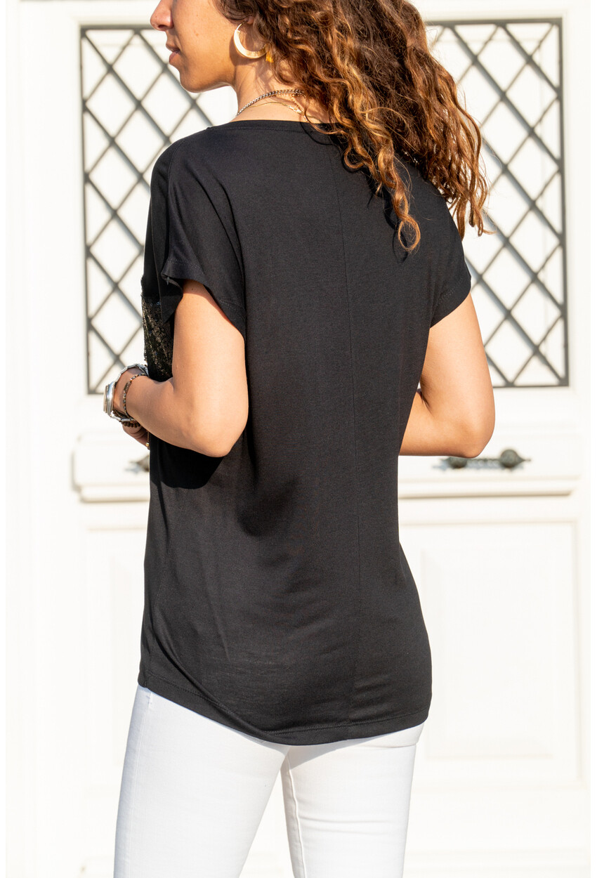 Womens Black Pocket Sequin T-Shirt GK-JR405