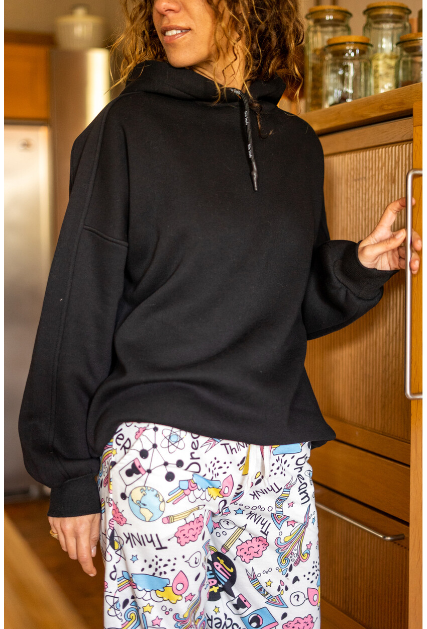 Kadın Siyah Kapüşonlu Fermuarlı İçi Polar Oversize Sweat shirt GK-TD1987