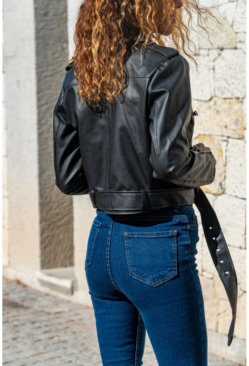 Womens Black Belted Asymmetrical Zippered Epaulet Jacket GK-YX100