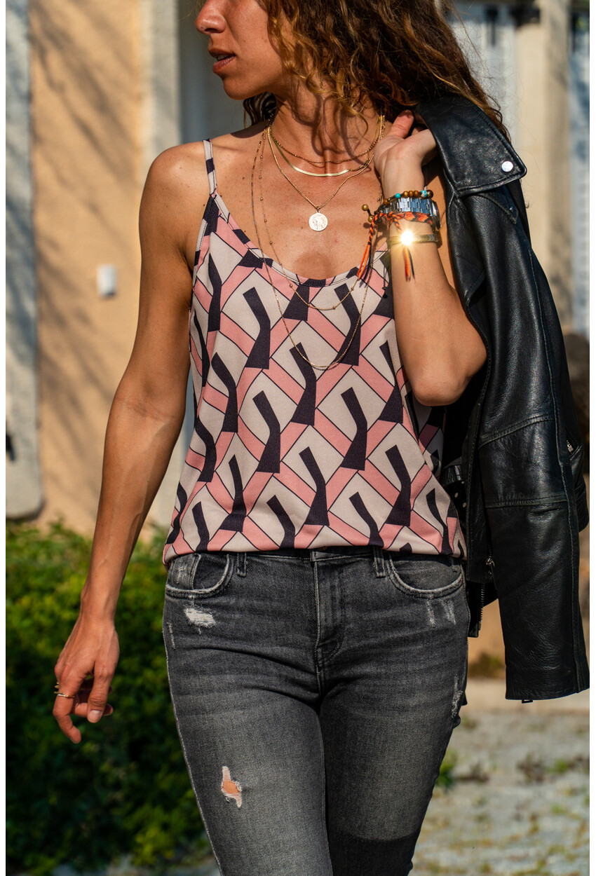 Womens Black-Salmon Patterned Strap Crepe Blouse GK-BST2845