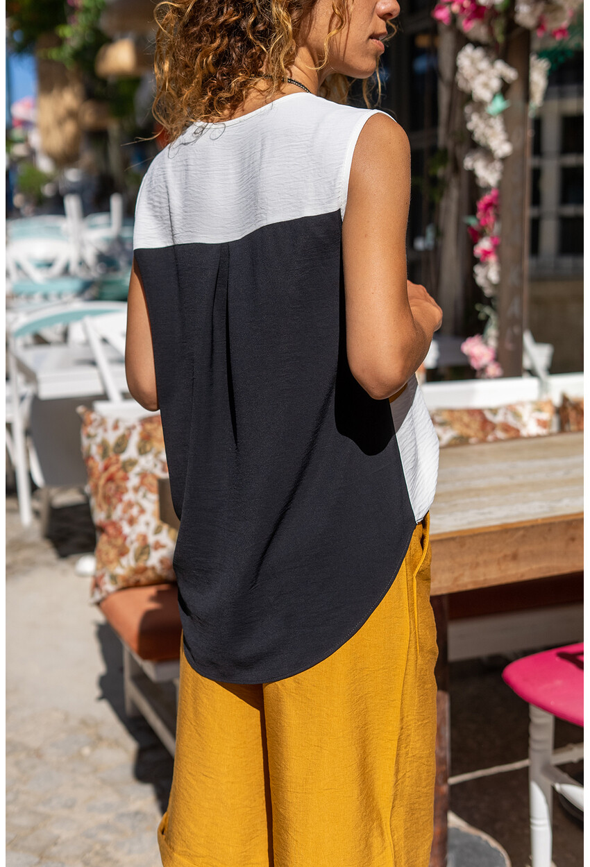 Womens Black V-Neck Color Block Airobin Blouse BST3152