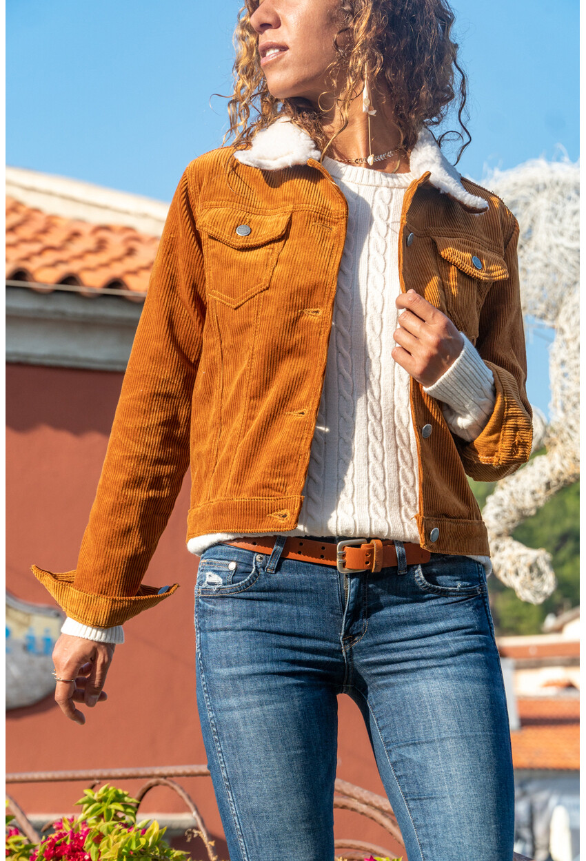 Womens Tan Collar Woolen Pocket Corduroy Corduroy Jacket GK-MSC100