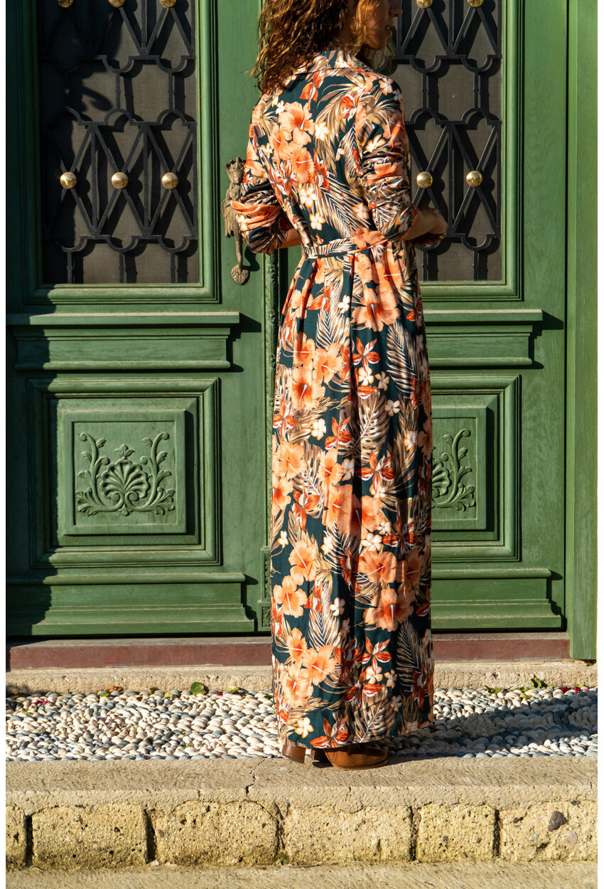 Khaki-Taba Floral Patterned Long Shirt Dress Gk-Bst2126
