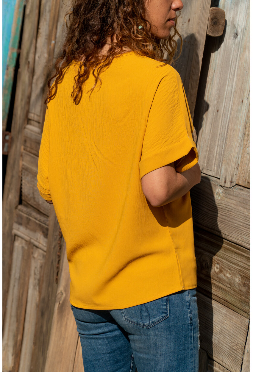 Mustard Straw Button Detailed Loose Blouse GK-BST2851