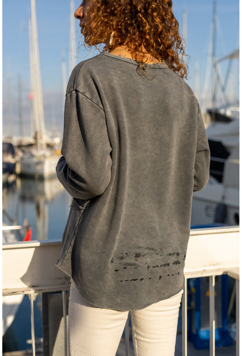 Womens Anthracite Laser Asymmetric Cut Wash Printed Sweatshirt RSD2006