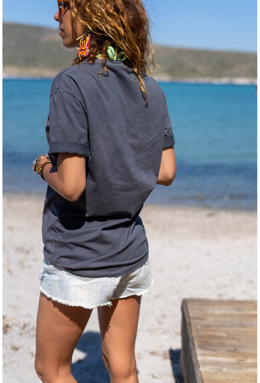 Kadın Antrasit Pink Floyd Baskılı Oversize T-Shirt Dv4
