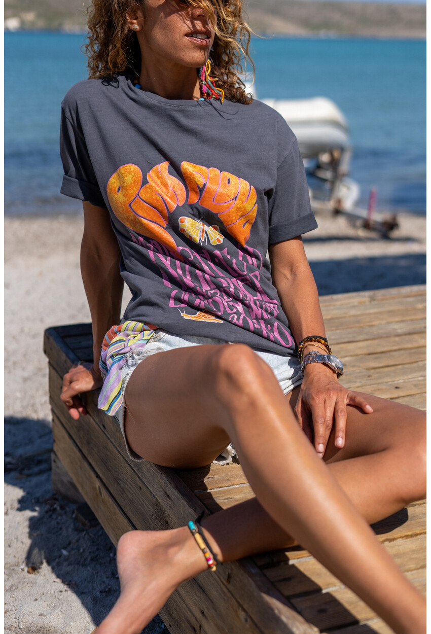 Kadın Antrasit Pink Floyd Baskılı Oversize T-Shirt Dv4
