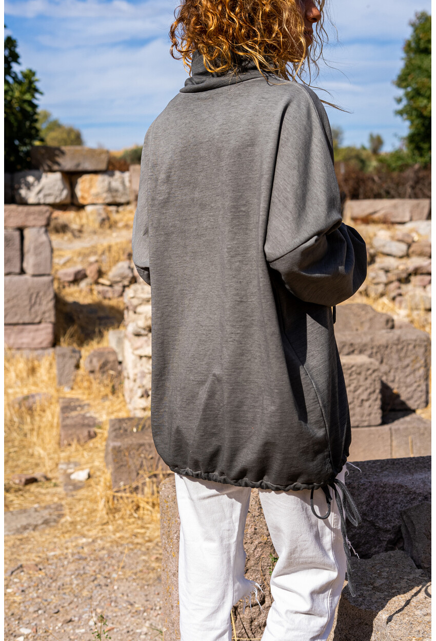Kadın Antrasit Yıkamalı Bağlamalı Cepli Salaş Sweatshirt GK-CCKLD350