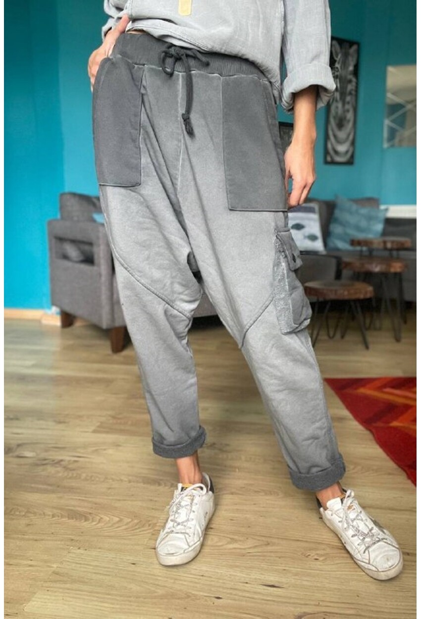 Kadın Antrasit Yıkamalı Beli Lastikli Cepli Salaş Şalvar Pantolon Rsd3061