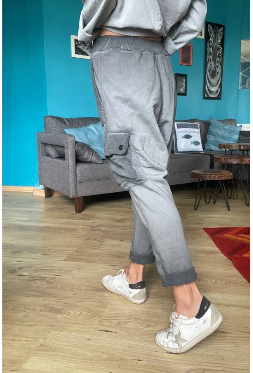 Kadın Antrasit Yıkamalı Beli Lastikli Cepli Salaş Şalvar Pantolon Rsd3061