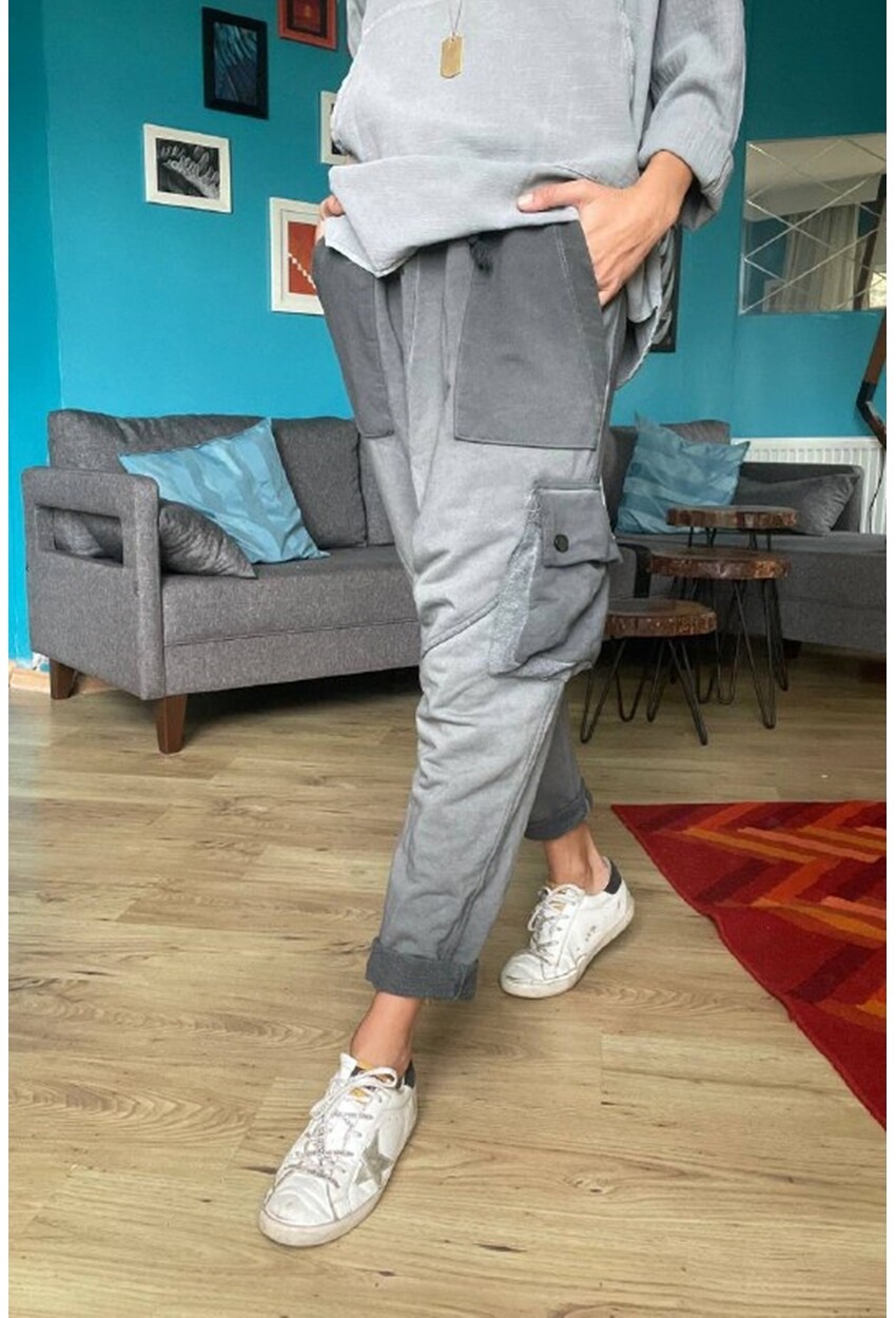 Kadın Antrasit Yıkamalı Beli Lastikli Cepli Salaş Şalvar Pantolon Rsd3061