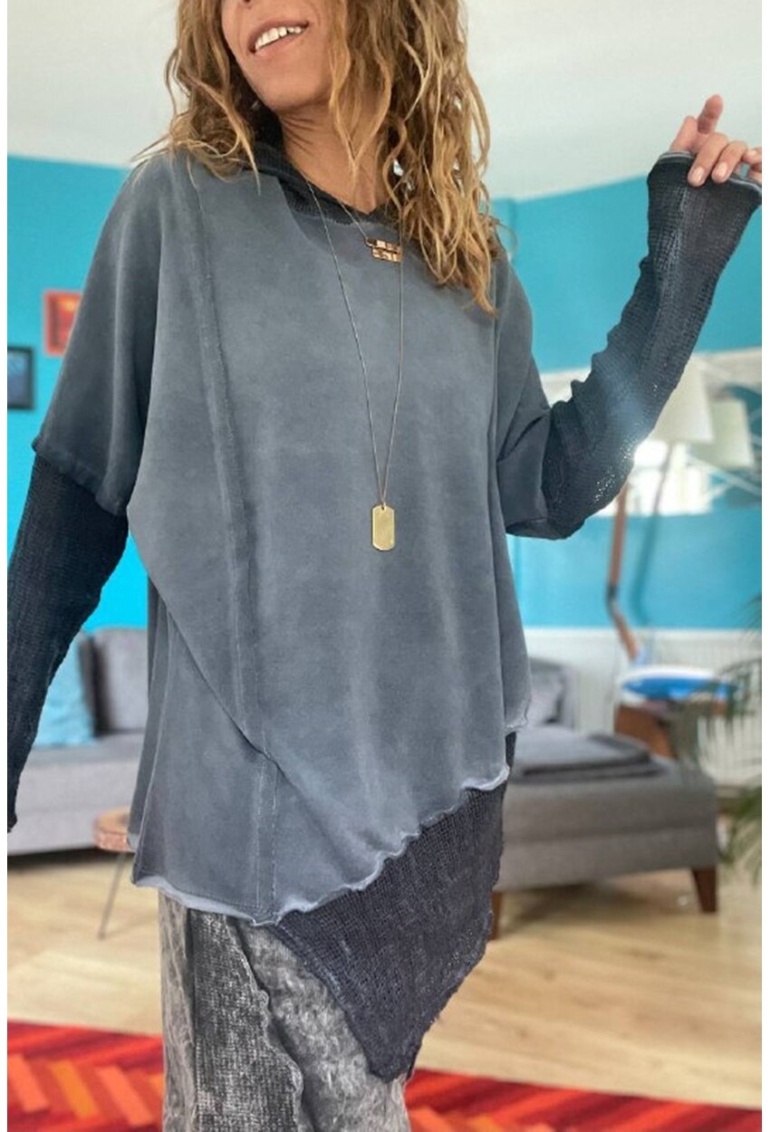 Kadın Antrasit Yıkamalı File Detaylı Asimetrik Kesim Kapüşonlu Oversize Salaş Sweatshirt Rsd3060
