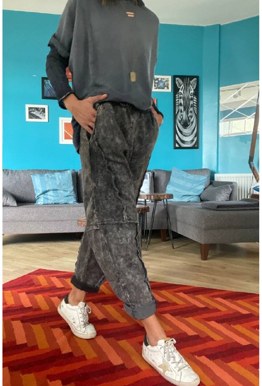 Kadın Antrasit Yıkamalı Lazer Dikişli Cepli Beli Lastikli Salaş Oversize Pantolon Rsd3058