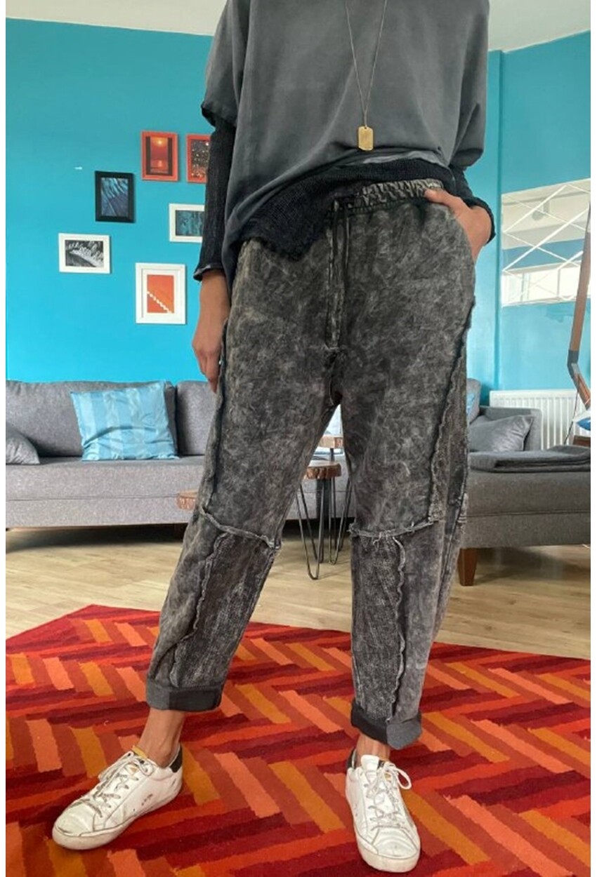 Kadın Antrasit Yıkamalı Lazer Dikişli Cepli Beli Lastikli Salaş Oversize Pantolon Rsd3058