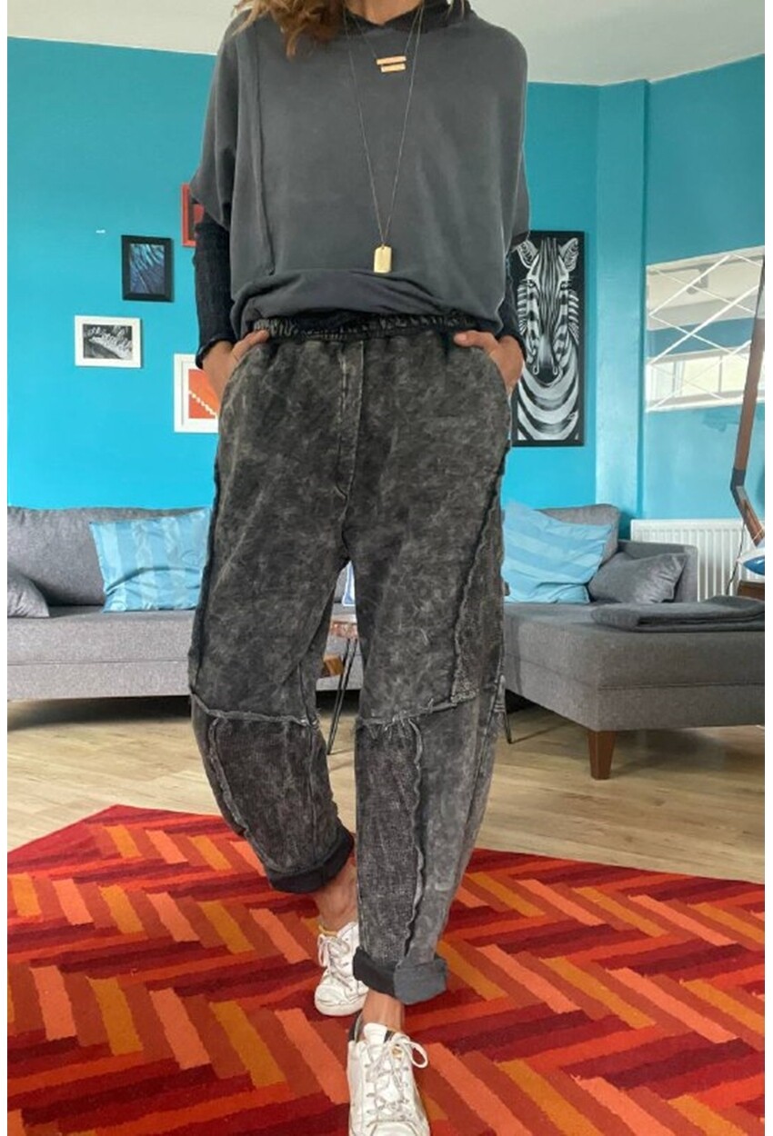 Kadın Antrasit Yıkamalı Lazer Dikişli Cepli Beli Lastikli Salaş Oversize Pantolon Rsd3058