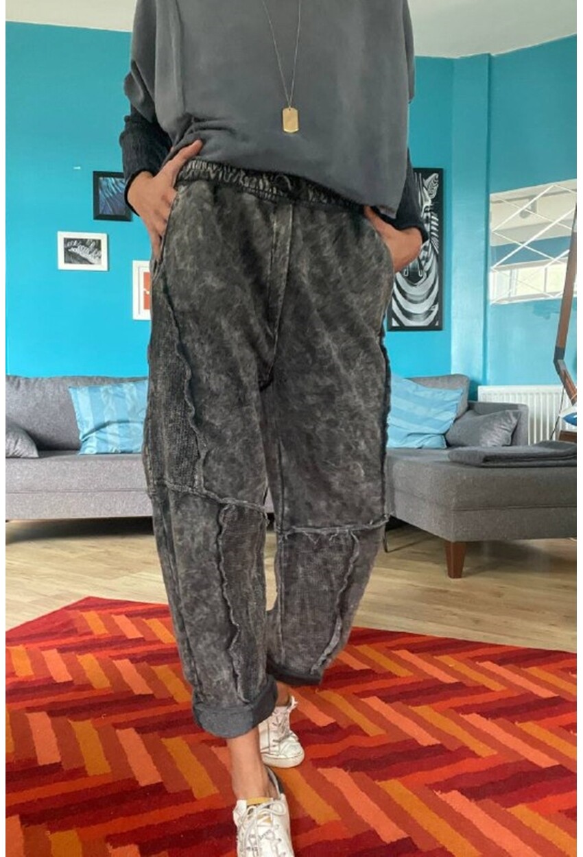 Kadın Antrasit Yıkamalı Lazer Dikişli Cepli Beli Lastikli Salaş Oversize Pantolon Rsd3058