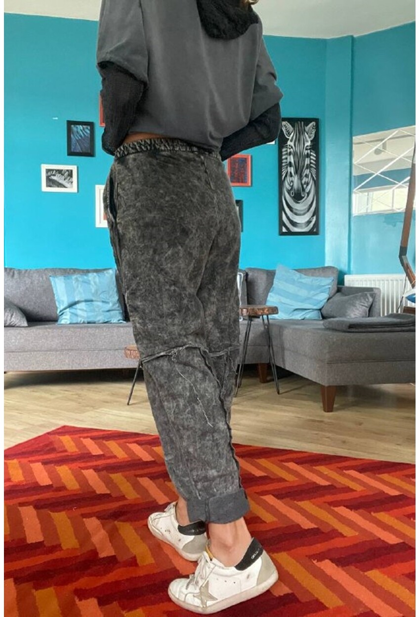 Kadın Antrasit Yıkamalı Lazer Dikişli Cepli Beli Lastikli Salaş Oversize Pantolon Rsd3058